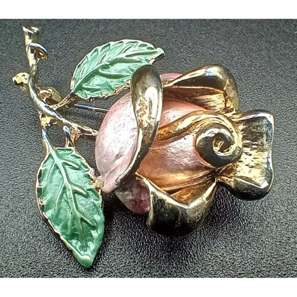 Vintage Pink Rose Brooch Enamel Gold Tone Floral Pin Romantic Garden Soft Goth - Picture 6 of 8